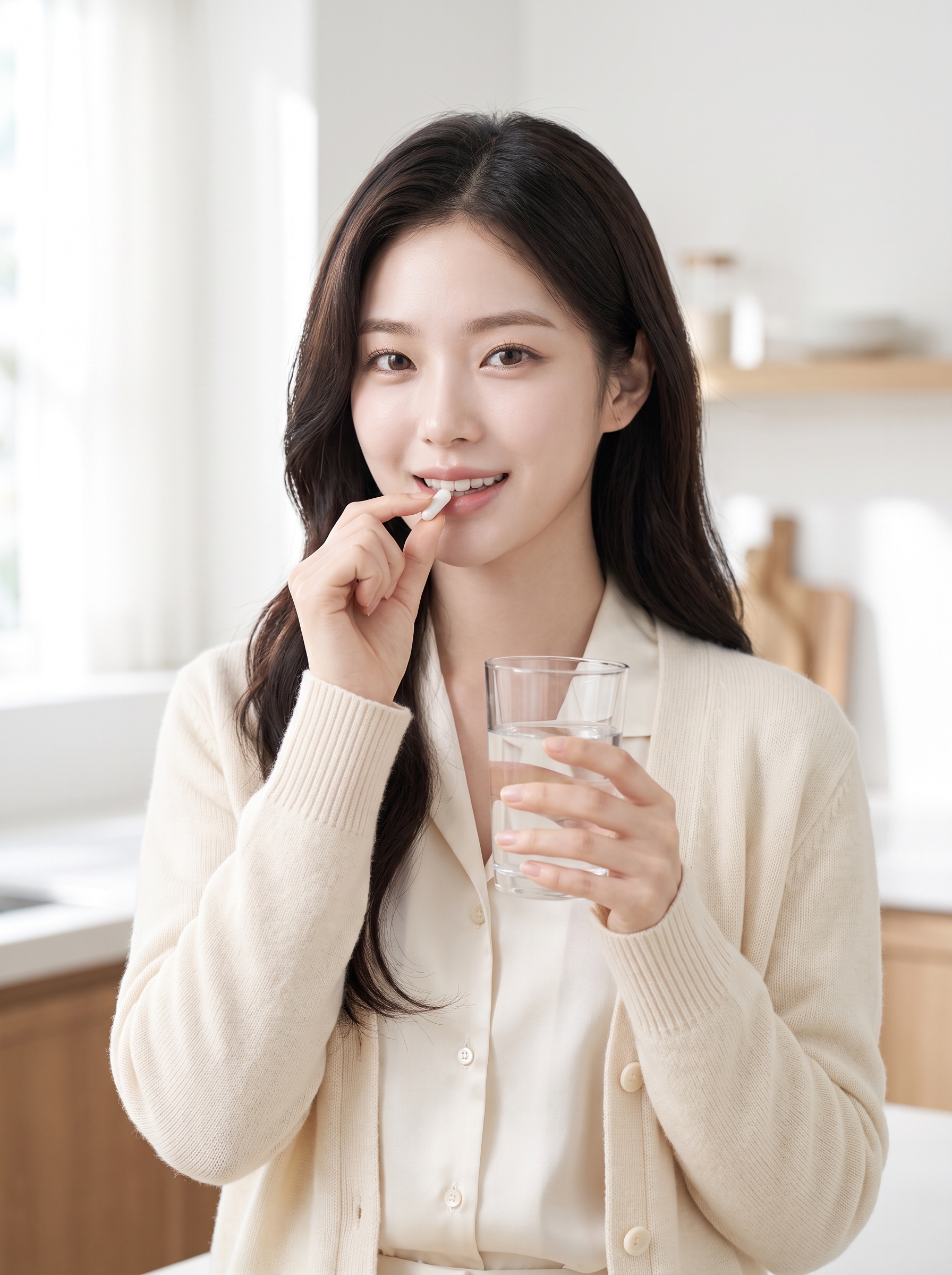 Woman taking supplement smiling 2K 202607101311 visual study